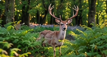 Illustrative deer standing among ferns