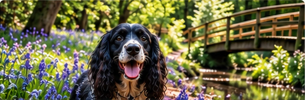 Illustration of a black spaniel by a woodland bridge and bluebells