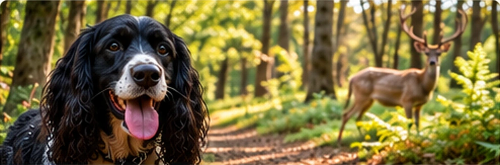 Illustration of a black spaniel in woodland with deer in the background