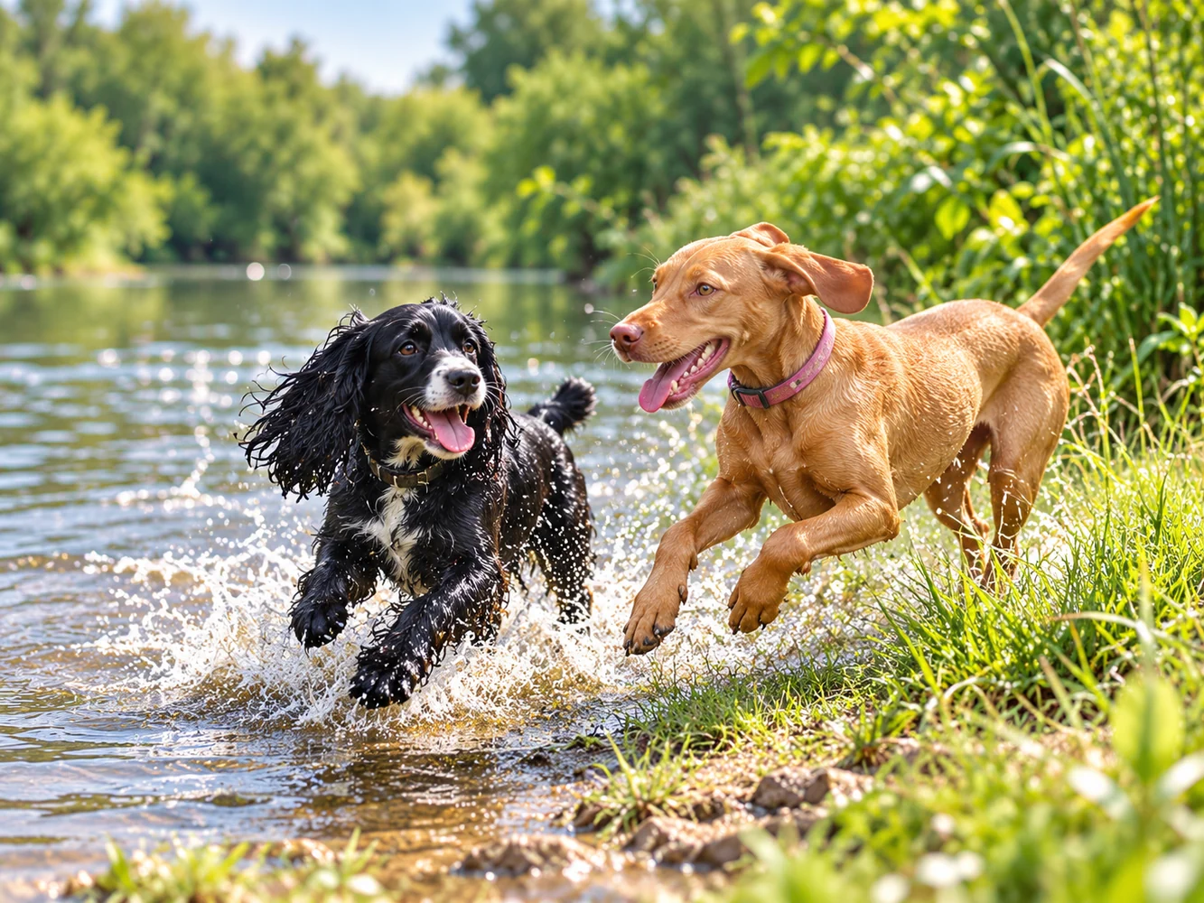 Illustration of oReo and Star enjoying a sunny waterside adventure