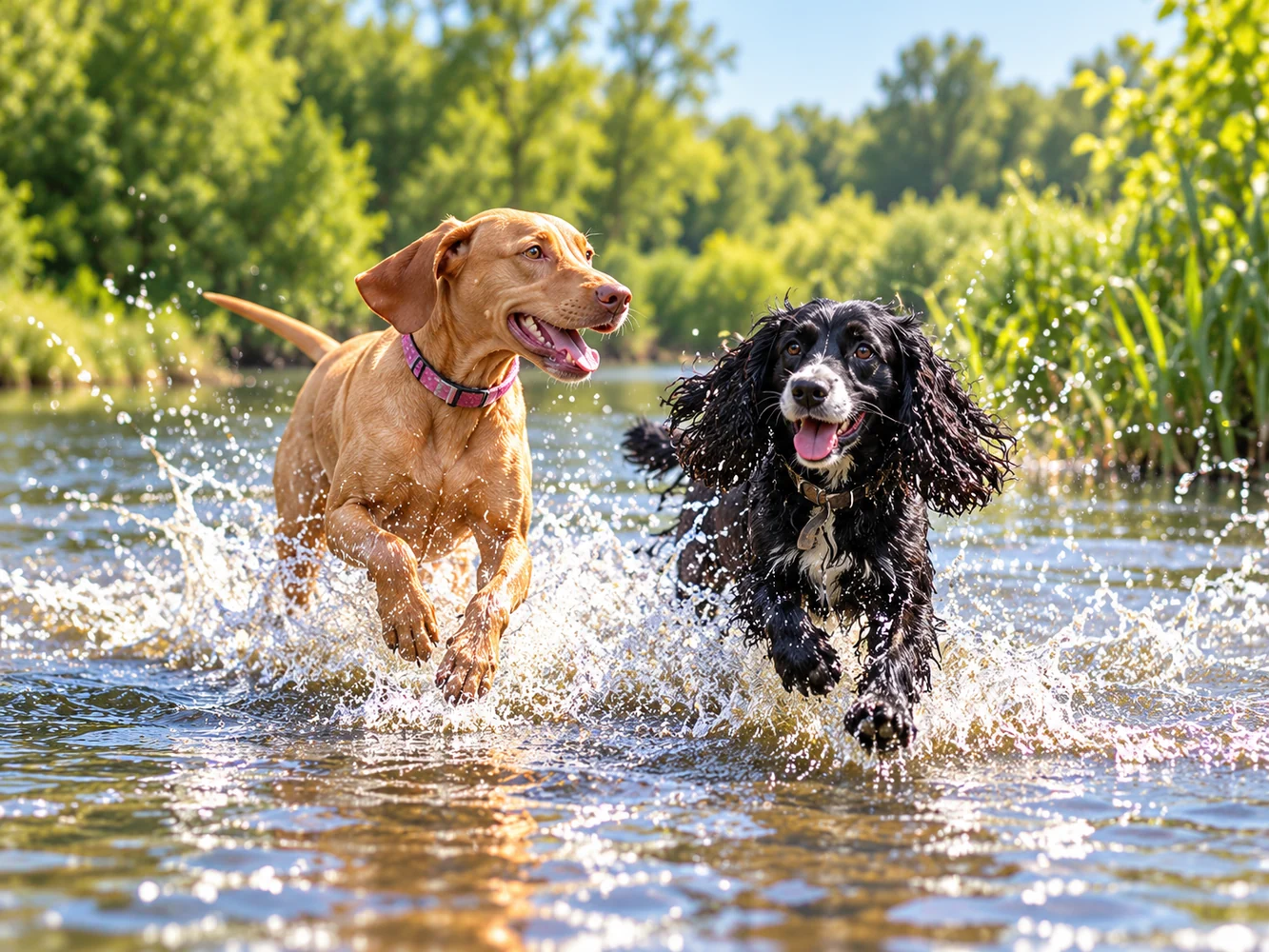 Illustration of oReo and Star splashing along a riverside